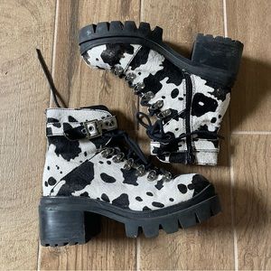 Jeffery Campbell Czech black and white cow print combat boots 8